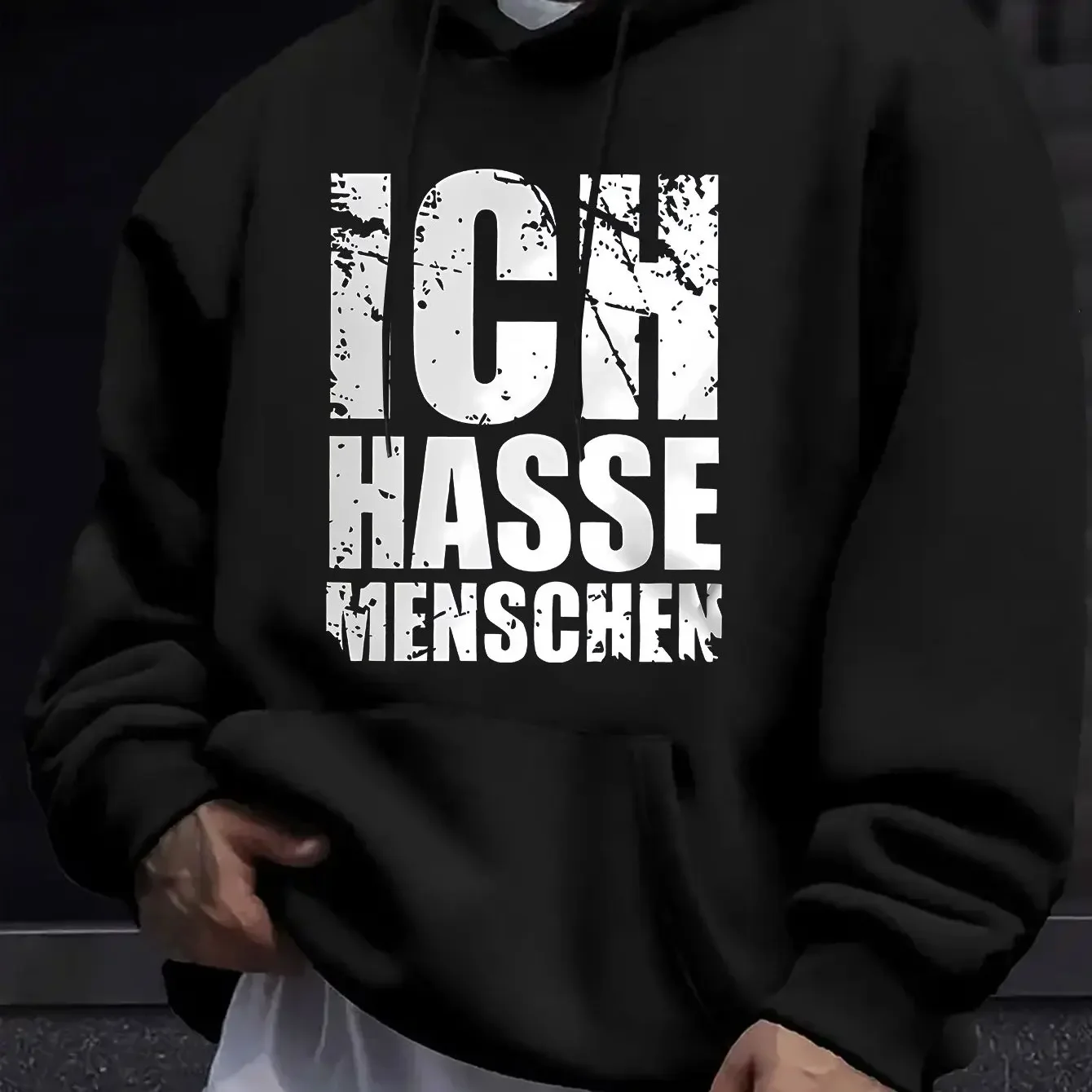 Men's Autumn/Winter Printed Hoodie Long-Sleeve Sweatshirt German Vintage Distressed White Artistic Letter Hooded PrintSweatshirt