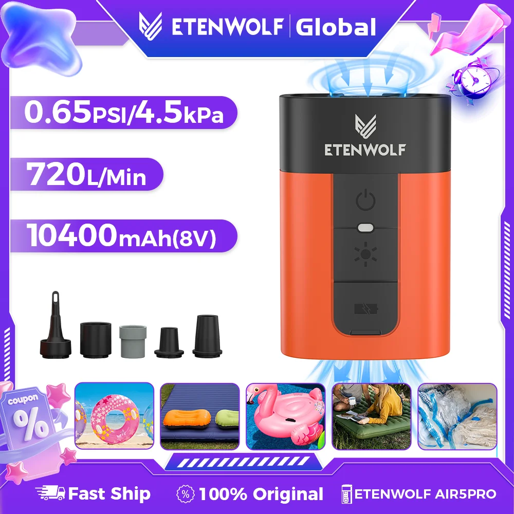 ETENWOLF AIR 5 PRO Electric Air Pump 720 LPM 4X Quick 10400 mAh Inflator & Deflator Portable Air Pump for Pool Floats
