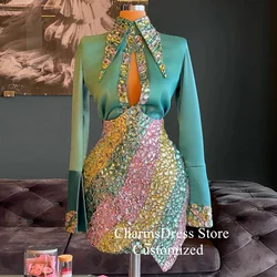 Luxury Crystal Evening Dress Mini Cocktail Party Gown Customized Twop Piece T-shirt Skirt Rhinestone Prom Dresses Above Knee