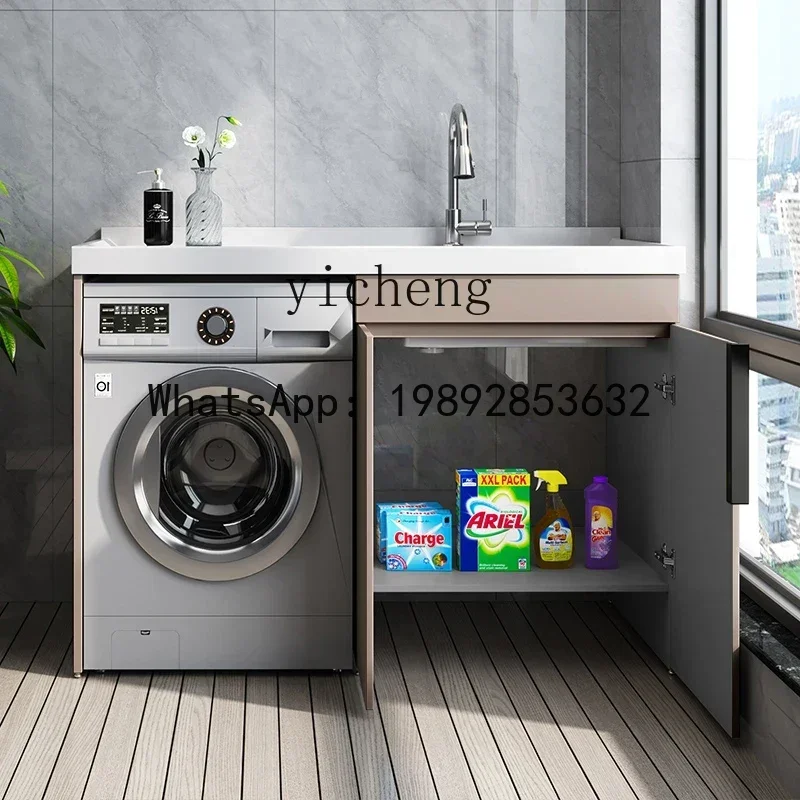 

b97Washing Machine Balcony All-in-One Cabinet Customized Aluminum Honeycomb Board Quartz Stone Basin with Washboard Sink