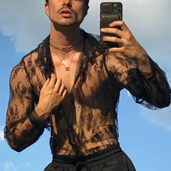 Fashion Mens Black Mesh See Through Long Sleeve Floral Print Shirt Clubwear Party Nightclub Men Shirts Blouse Clothing