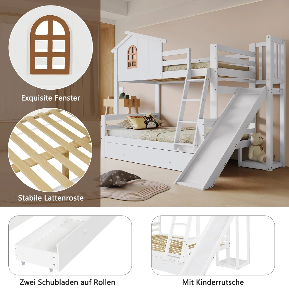 PINGGO Weißes Etagenbett Mutter-Kind-Bett Charakteristische Fenster 4-Stufige Rutsche 2 Schubladen Massivholzrahmen Ohne Matratze – Detail 7