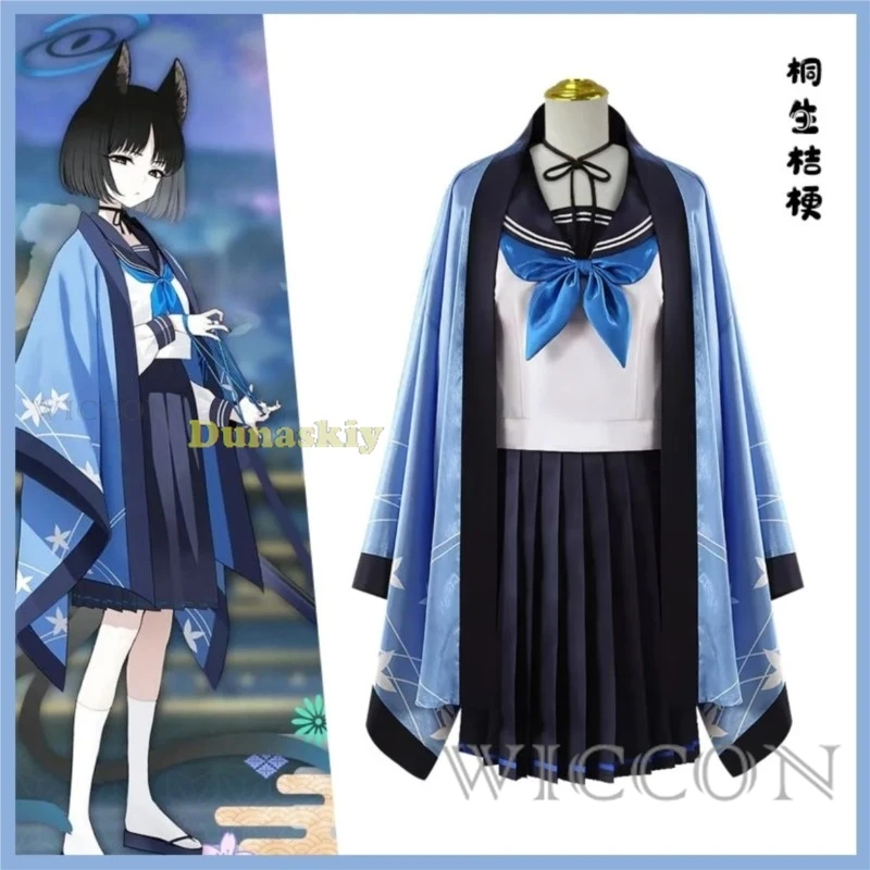 Game Blue Archive Kikyo Cosplay Costume Kikyo Wig Ear Headwear Halo Blue Sailor School Uniform Cloak Shawl Woman Halloween Suit