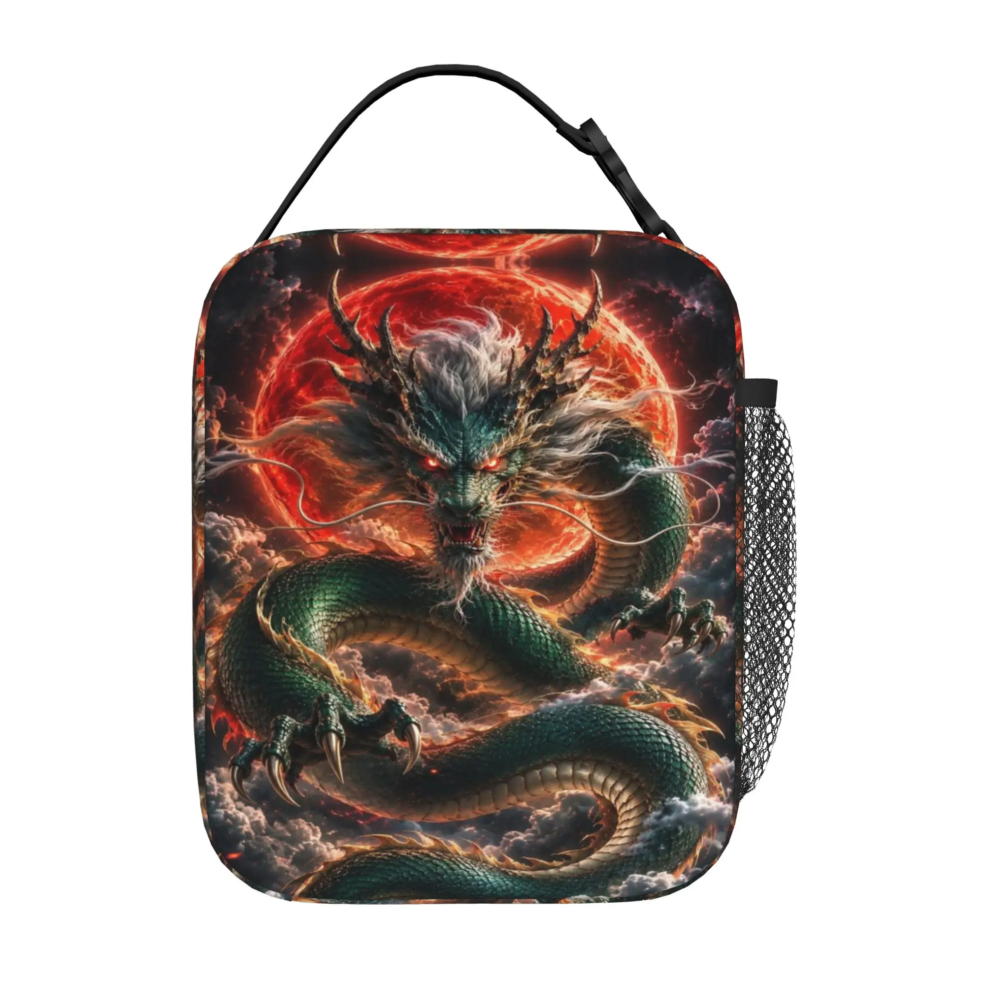 Back to school season  Meal Bag Green Dragon Red Moon Oriental Art Zipper Closure High Street Daily Lightweight Lunch Bag