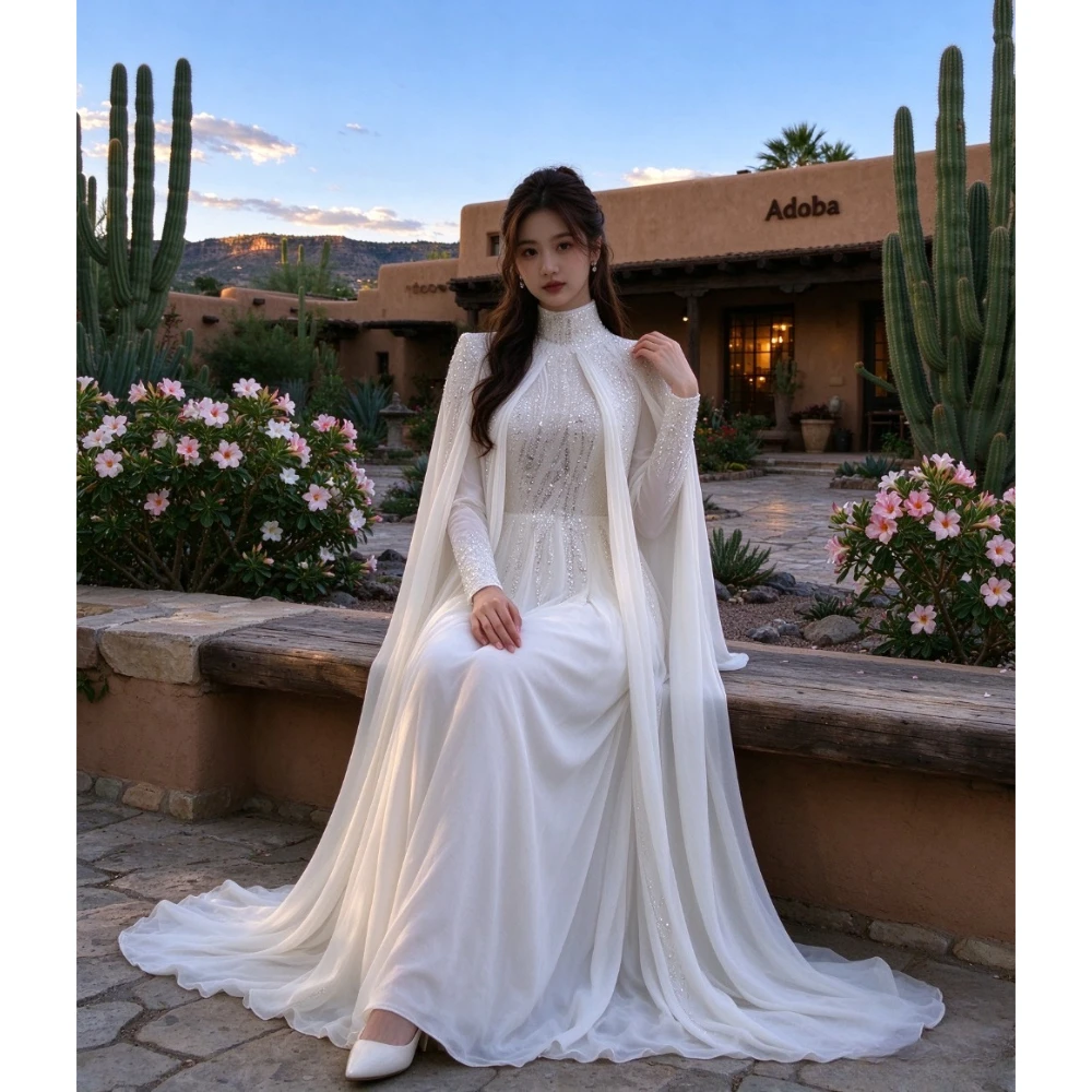 Customized Chiffon Long Sleeved Muslim Wedding Dress 2026 High Tie Shawl A-line Sequined Bridal Gown Suitable for Ceremonies