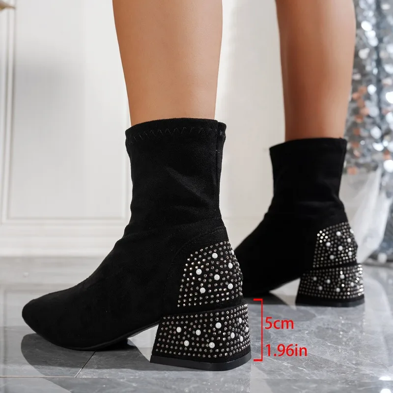 Versatile Square Toe Tight Boots Fall/Winter 2025 New Pearl Block Heel Turn-Over Fur Block Heel Boots
