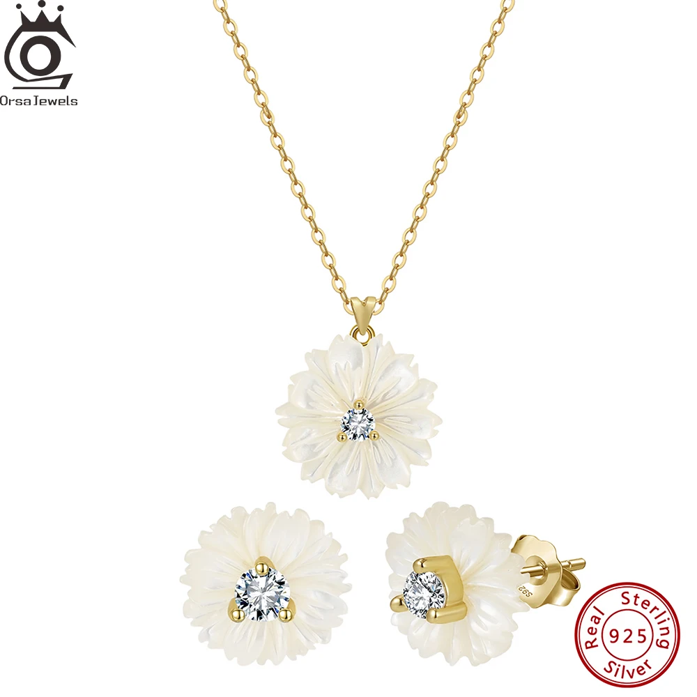 

ORSA JEWELS Shell Flower Pendant Neck Chain with CZ Zirconia 925 Sterling Silver Party Wedding Chic Jewelry Accessory SPSN15