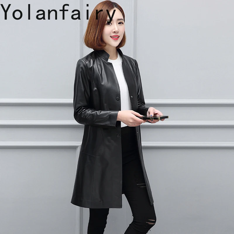 YOLANFAIRY Trench in vera pelle di pecora di nuova moda per donna Slim giacca di media lunghezza in vera pelle da donna colletto alla coreana