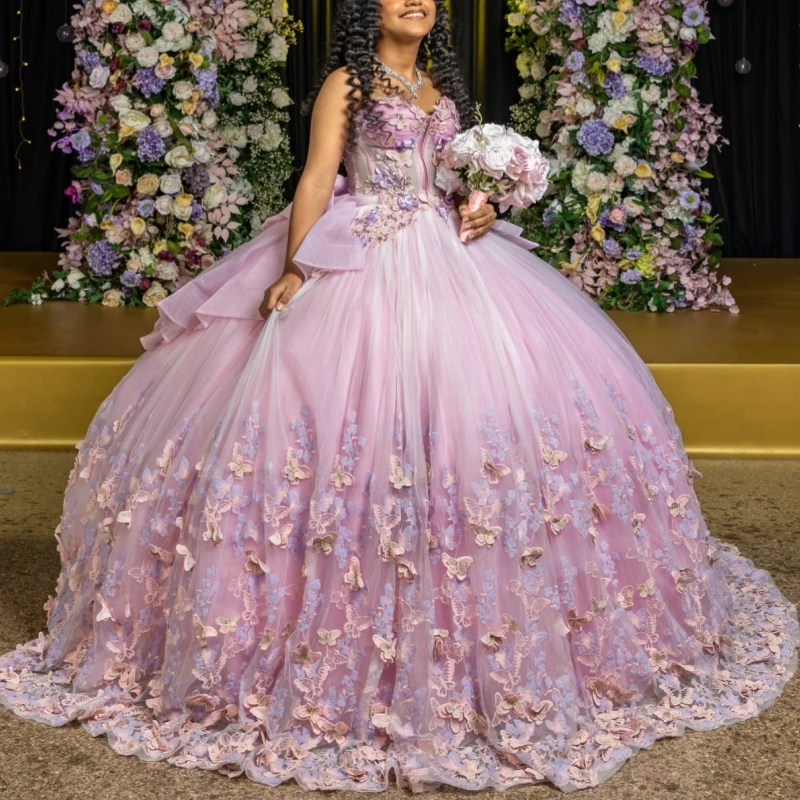 

Pink Shiny Quinceanera Dresses Off The Shoulder Bow Beading Crystal Tull Corset Party Birthday Sweet 16 Dress Vestidos De 15