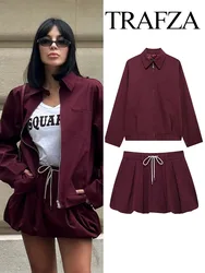 TRAFZA Women's Sets Wine Red Turn-Down Collar Long Sleeves Zipper Jackets+High Waist Pockets Lace-Up Skirt Women Fashion Suits