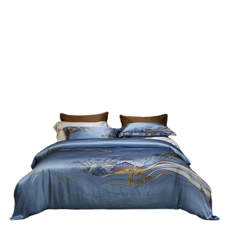 Silk four-piece silk 100% mulberry silk 19 mmi wide-edge printed  kit bedding