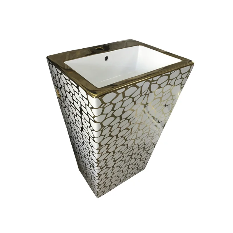 Gold integrated large pillar basin, electroplated gold with pattern wash basin with faucet, local tyrant gold water cube wash