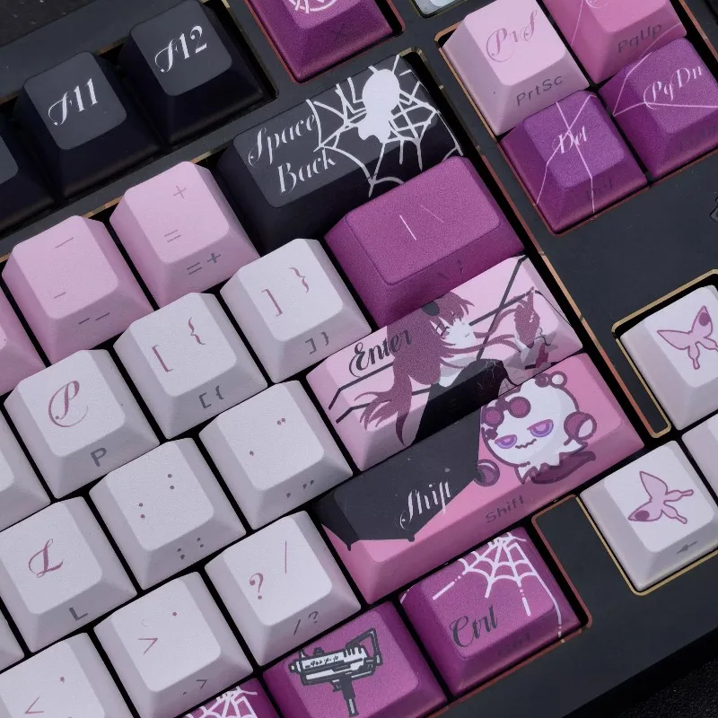 

Колпачки для клавиш Kafuka, вишневый профиль, черный, фиолетовый, милый аниме, материал PBT, персонализированные боковые резные колпачки для клавиш, украшение для клавиатуры