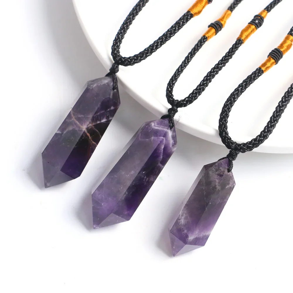 Natürliche Traum-Amethyst-Halskette, Schmuck, sechseckiger Doppelpunkt-Anhänger, heilender lila Kristallquarz, Energiesäule, Edelstein-Geschenk