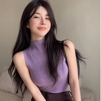 Fashion Ribbed Knitted Sexy Tops Turtleneck Summer Basic Shirts Skinny Slim Purple Casual Sleeveless Vest Women's Tank Top