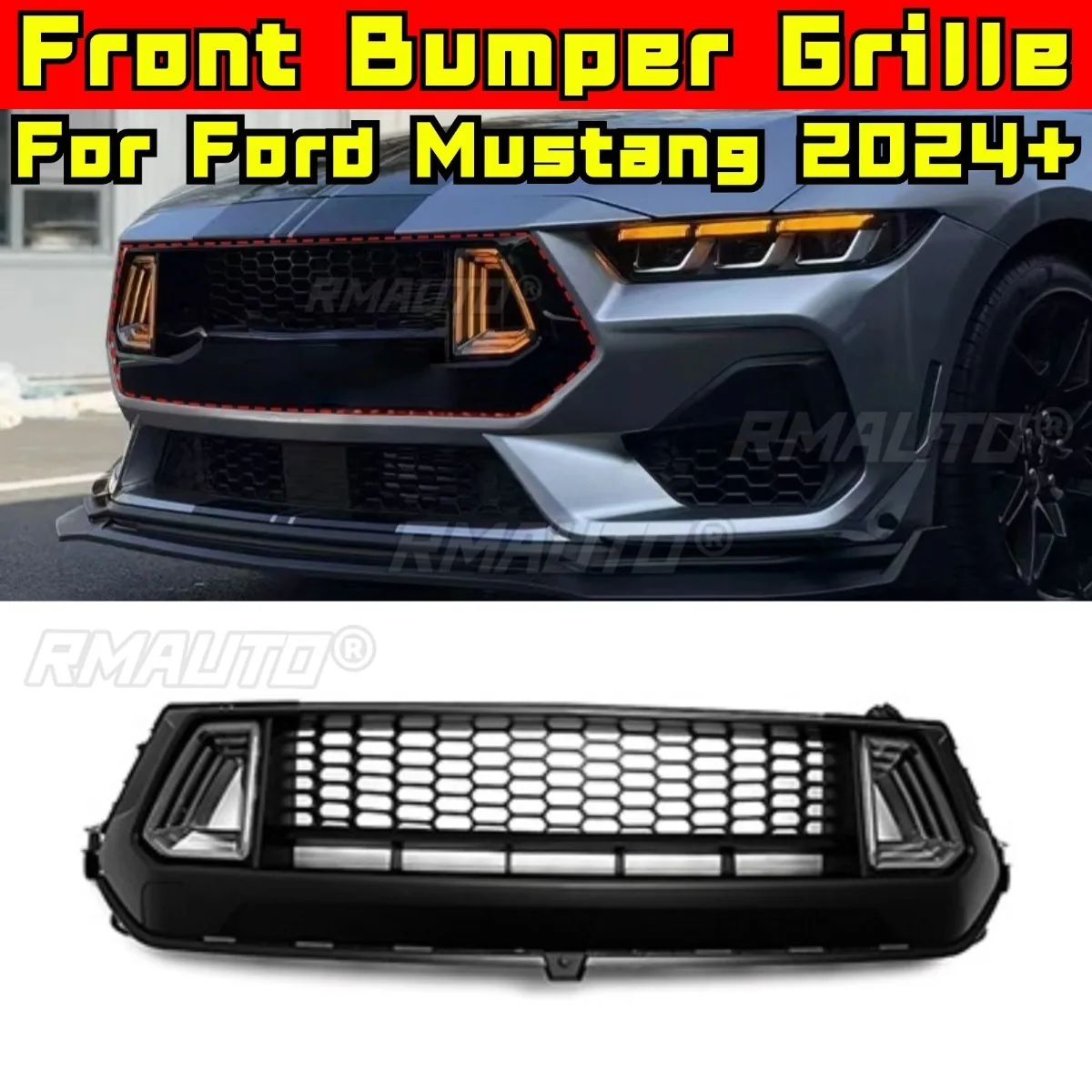 

Автомобильный светодиодный бампер, гриль, декоративные полосы, гоночная решетка, комплект кузова, решетка переднего бампера для Ford Mustang 2024+, внешняя часть