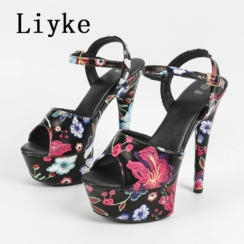 Liyke Brand Design Fiori Stampa Sandali con plateau in pelle Donna Sexy Peep Toe 13CM Tacchi altissimi Stiletto Scarpe da banchetto per feste