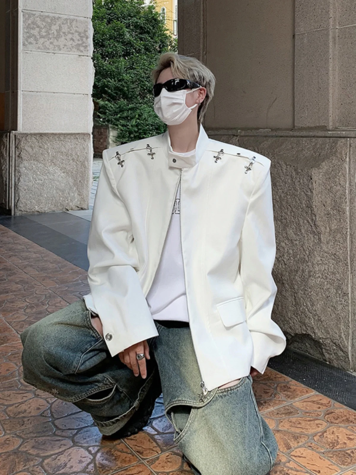 

Белая куртка с подплечниками и воротником-стойкой Cleanfit для мужчин, весна-осень, в американском ретро-стиле, для создания образа, с эффектом утяжки плеч