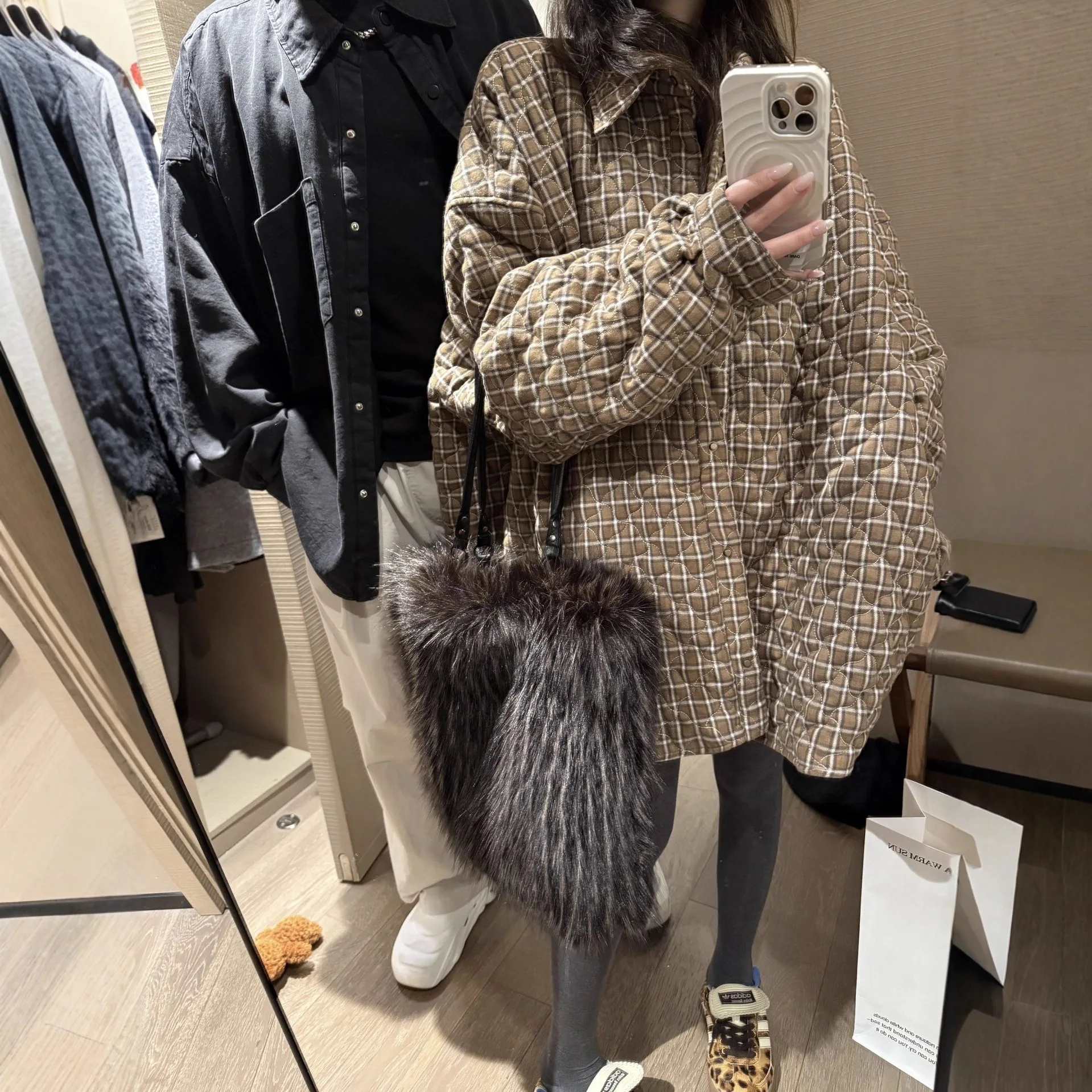

SuperAen Cotton-padded Shirt Coat for Women Autumn and Winter New Vintage Korean Style Oversize Plaid Simple Fashion Loose Coats