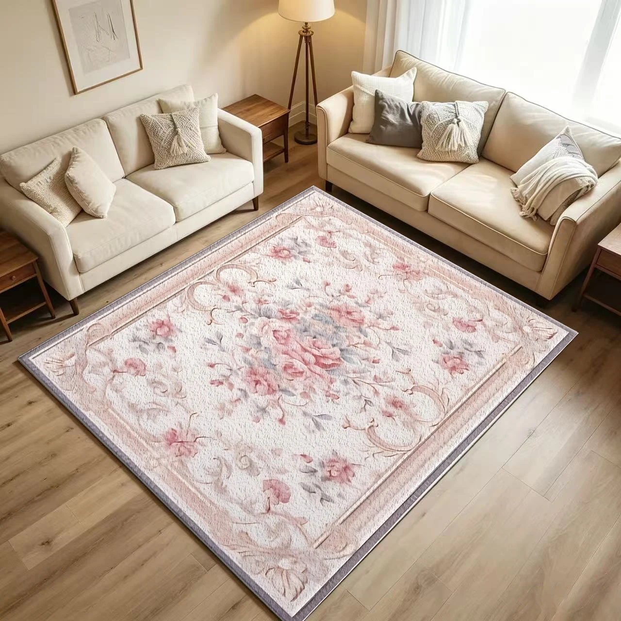 Vintage French Pink Rose Floral Area Rug Ornate Border Floor Carpet for Living Room Bedroom Home Decor