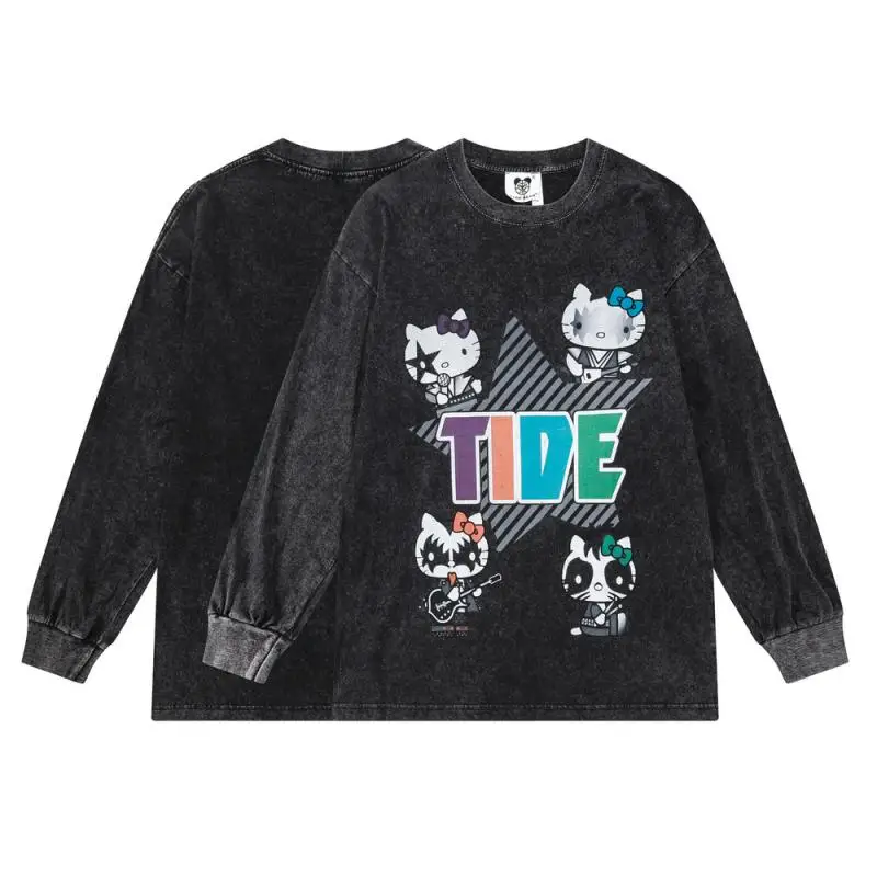 Sudadera de Hello Kitty para hombre, jersey Retro con cuello redondo y estampado de letras, ropa desgastada de otoño e invierno, regalo de vacaciones de dibujos animados