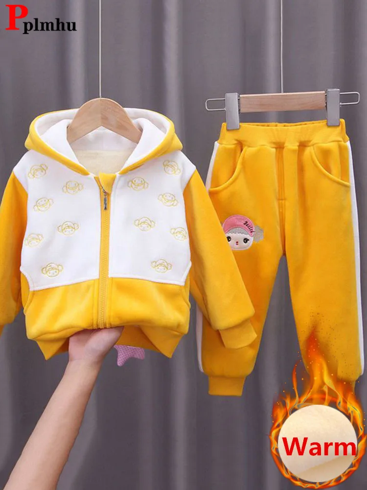 Winter Velvet Patchwork Kids 2 Piece Sets Thick Hoodies Zipper Coat Girls Conjunto Warm Plush Jogger Sweatpants Children Outfit