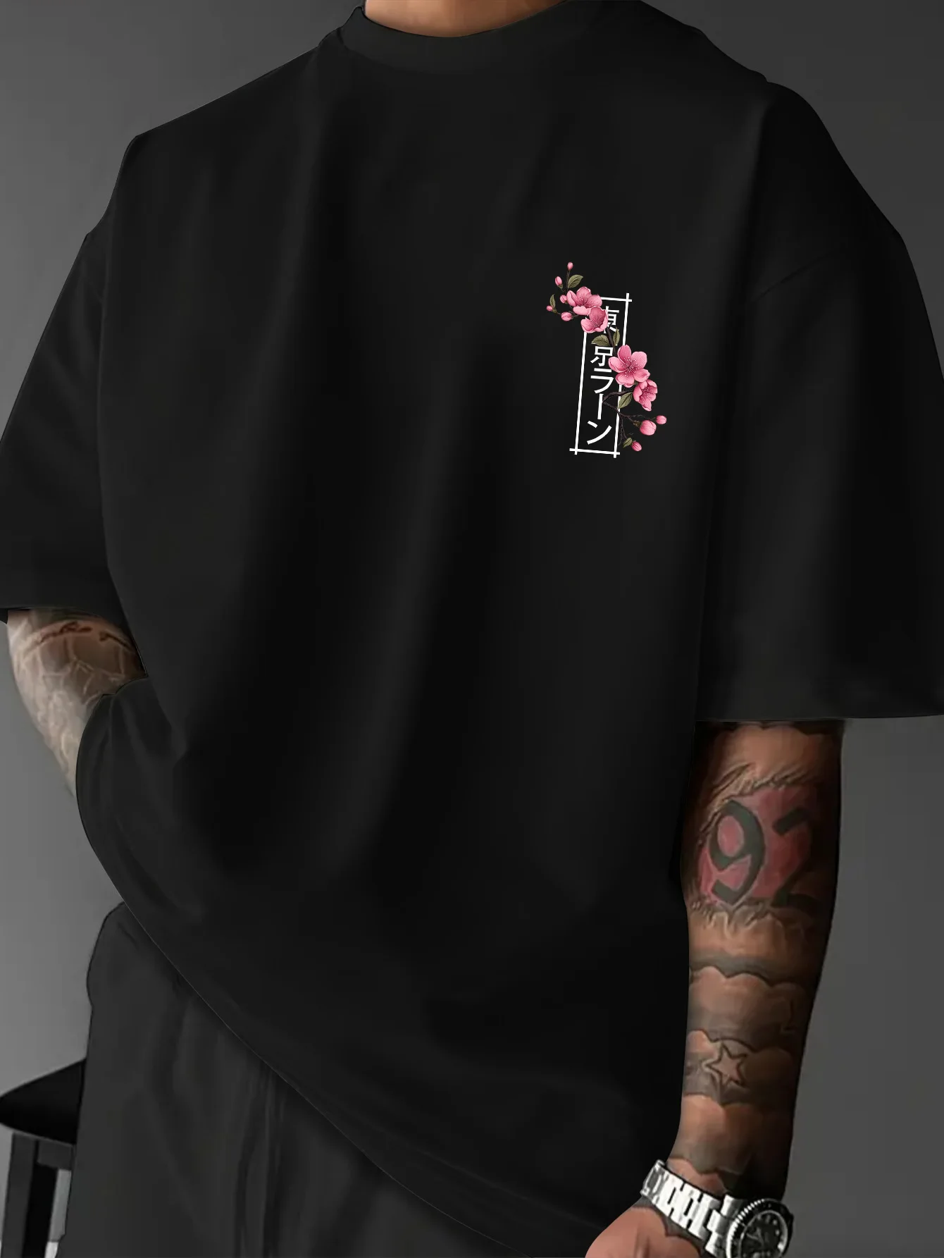 Printed T-shirt for Men New Summer Fashion Japanese Wave Cherry Blossom Printed Tee Machine Washable S-XXL