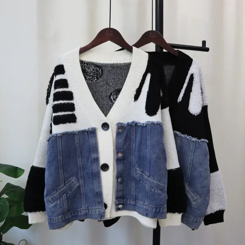 

Cardigan Women 2024 Autumn Winter Sweater Coat Knitted Denim Patchwork V Neck Single Breasted Pockets Casual Knitting Jacket