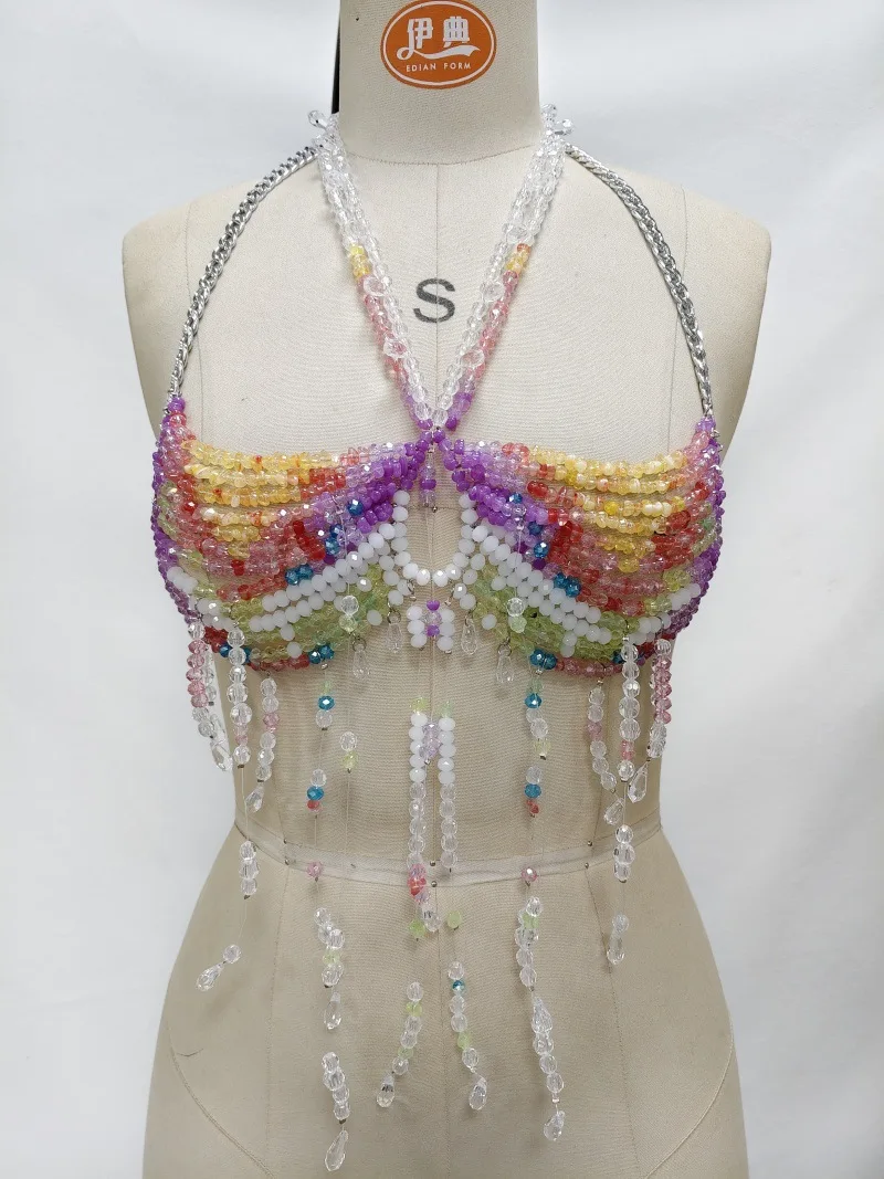 Fashion Hanging Neck Sexy Vest Colorful Gemstone Body Chain Chest Chain Hollow Out Beaded Top B25491