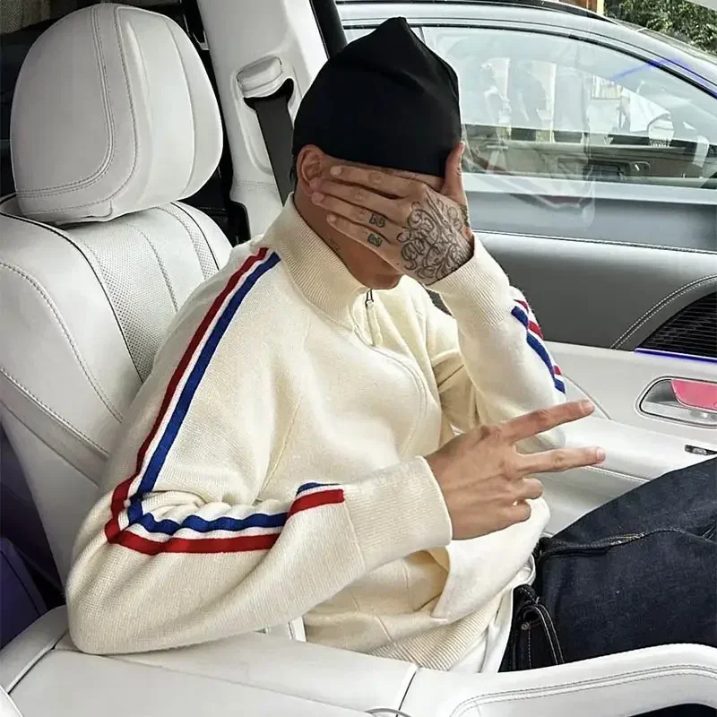 

Fashion Letter Embroidered Men's Knitted Cardigan, Men's Fashion Long Sleeve Contrast Street Knitted Jacket for Autumn Buttocks