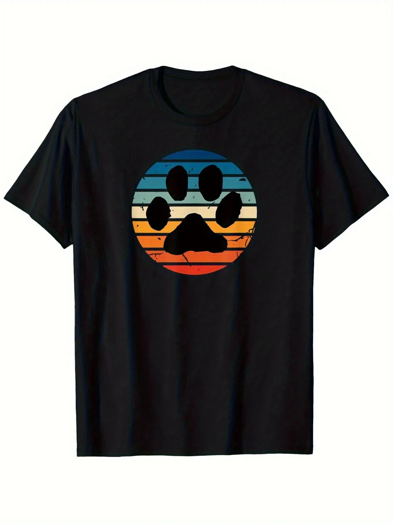 

Men's Vintage Black Paw Print T-Shirt with Blue and Orange Stripes and Paw Print Pattern in 80S Retro Style. Soft and Breathable Short-Sleeve Crew Neck Casual Clothing Suitable for All Seasons, Pet Lover Apparel Suitable for Dog and Cat Owners, 80S Nostal