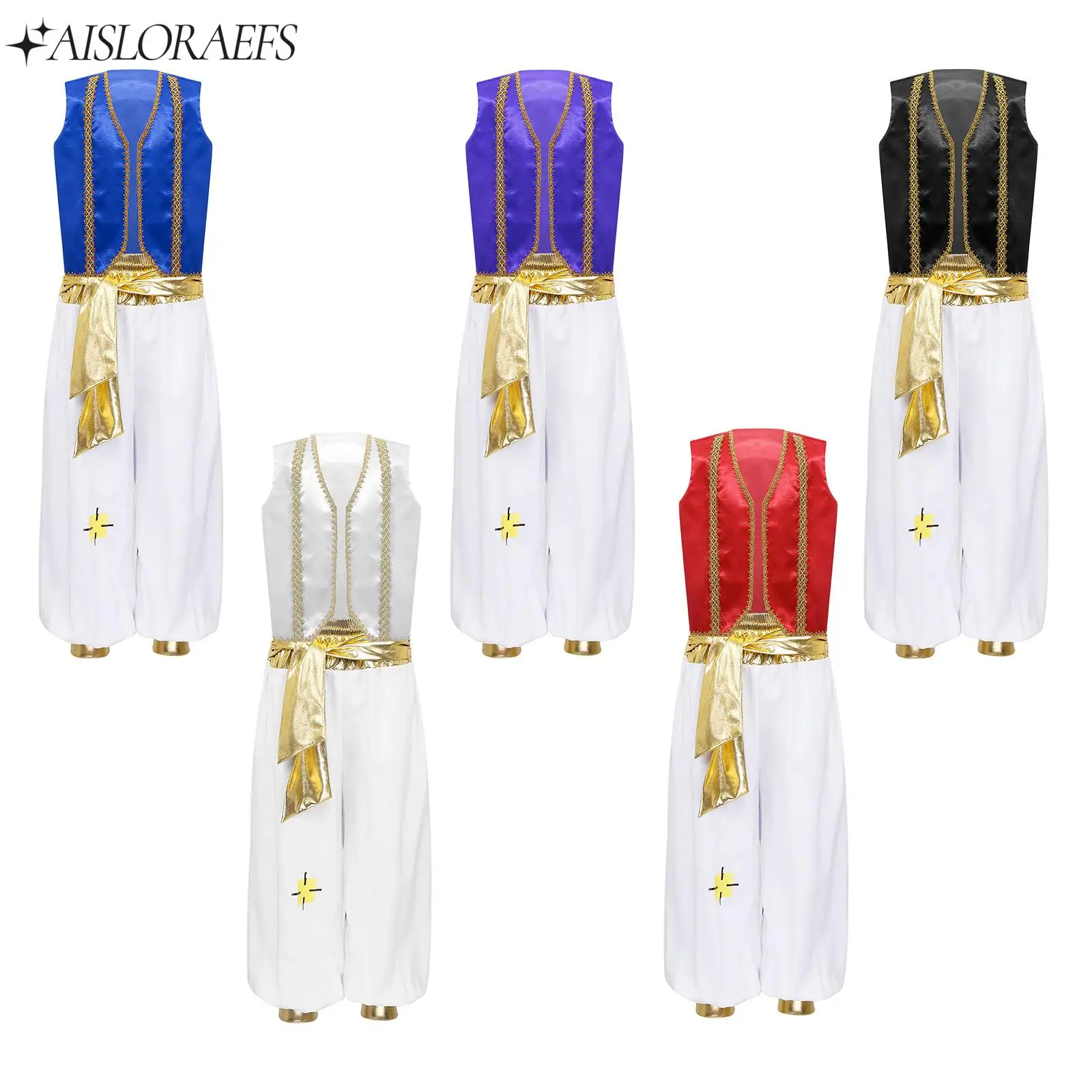 

Boys Roleplay Arabian Prince Costume Set Sleeveless Braided Trimming Waistcoat with Pants for Halloween Dress Up Performance