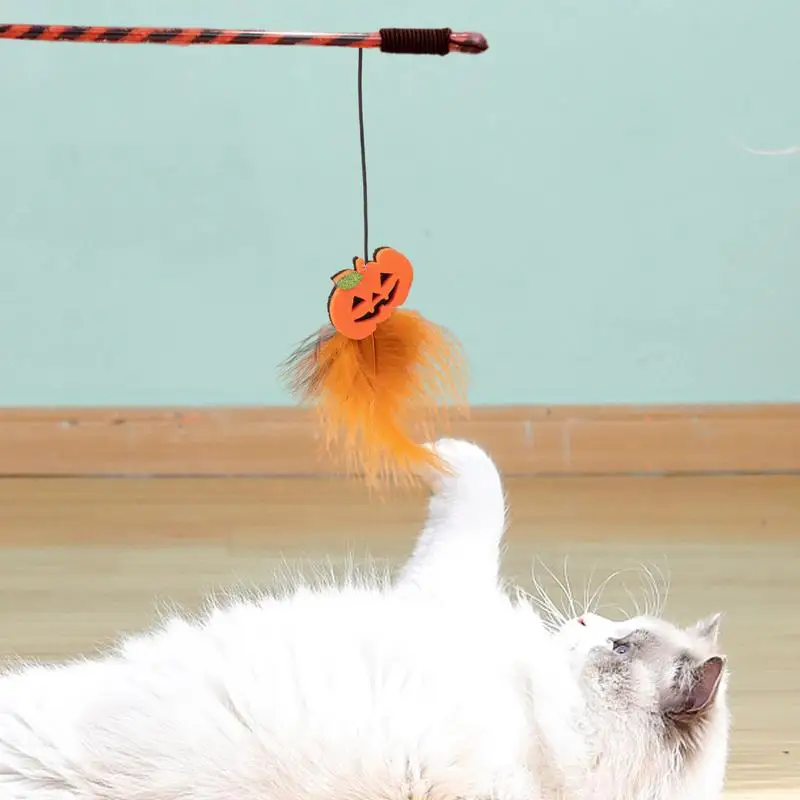 Pumpkin Cat Teasing Toy Halloween Cat Pumpkin Feathered Teasing Toy Indoor Cats Kitten Interactive Training Stick For Cat Kitten