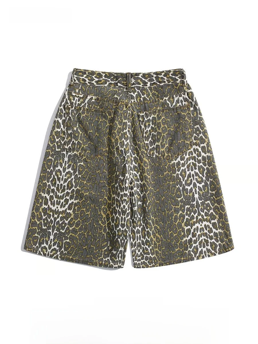 Boyue American Style Streetwear Leopard Print Denim Shorts Men's Workwear Outerwear Cityboy Wide Leg Five-Quarter Pants