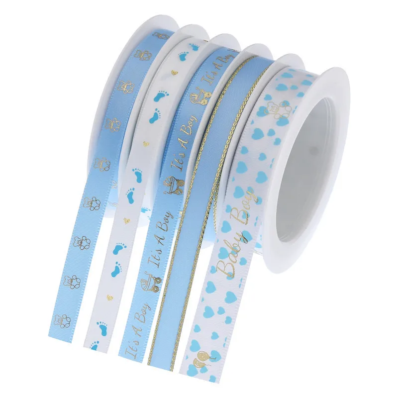 1/1.5cm Satin ribbon Blue baby boy ribbons cute bear it\'s a boy Metal gold print baby shower kid first birthday DIY Party favor