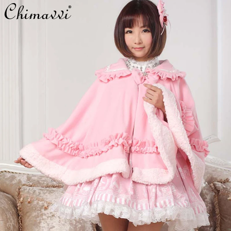 

Autumn and Winter Lolita Style Sweet Bow Loose Pink Cape Coat Women's Cute Girls Princess White Poncho Coat Elegant Cloak