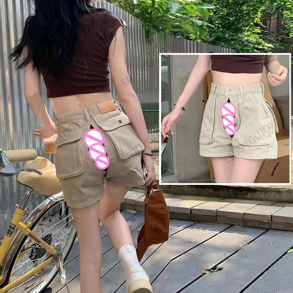 

Invisible Open Crotch Outdoor Sex Women's Cargo Denim Shorts Summer Loose High Waist Straight Pants Fashion Casual Short Pant