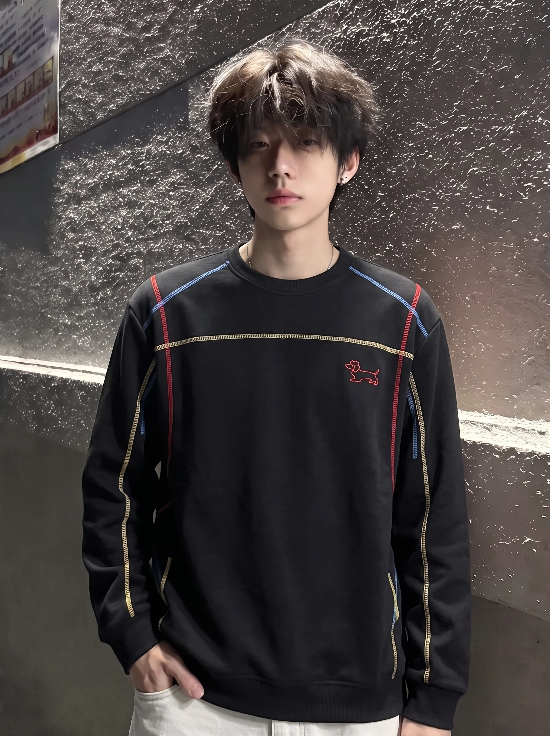Hasselblad Line Color Block Dog Embroidery Sweatshirt Men's Long Sleeve T-Shirt Comfortable Fit Hoodie Cleanfit Style round Neck