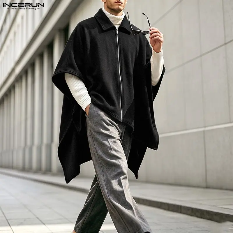 INCERUN Men's Trench Polar Fleece Solid Lapel Zipper Irregular Cloak Cape For Man Streetwear Oversize Fashion Coats Male Ponchos