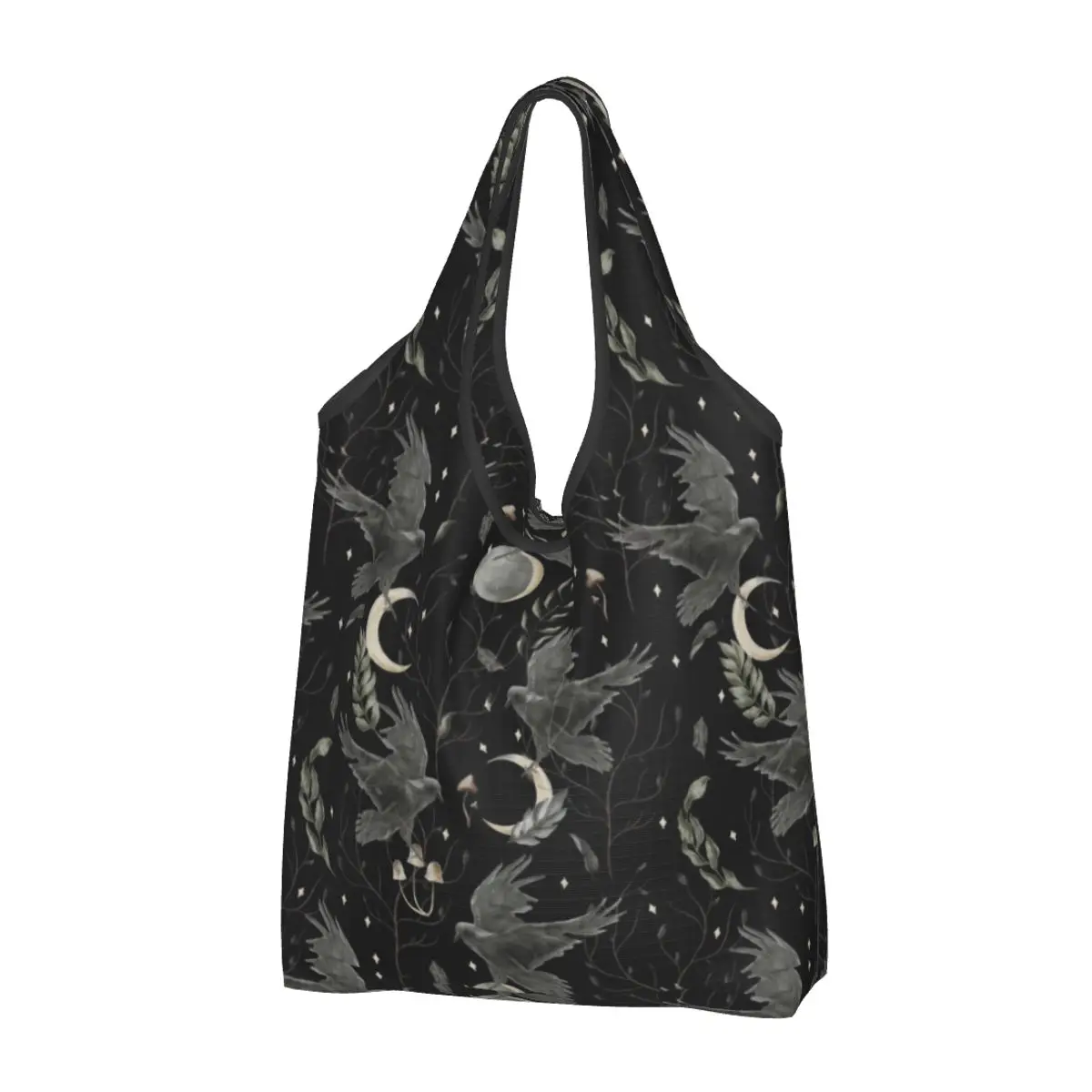 Custom Reusable Crow Moon Shopping Bag Women Tote Bag Portable Halloween Spooky Witch Groceries Shopper Bags