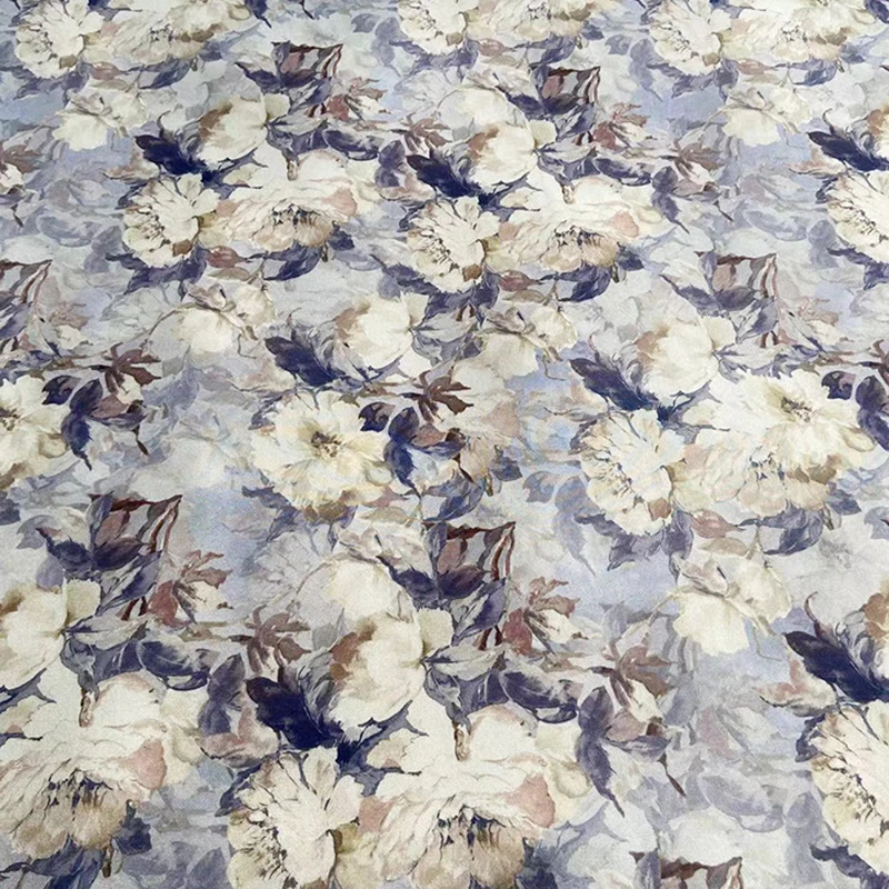 108CM Wide 30MM Beige Floral Printed Stretch Gray Silk Crepe Fabric for DIY Sewing Autumn Dress Pants Pajamas R7160-11