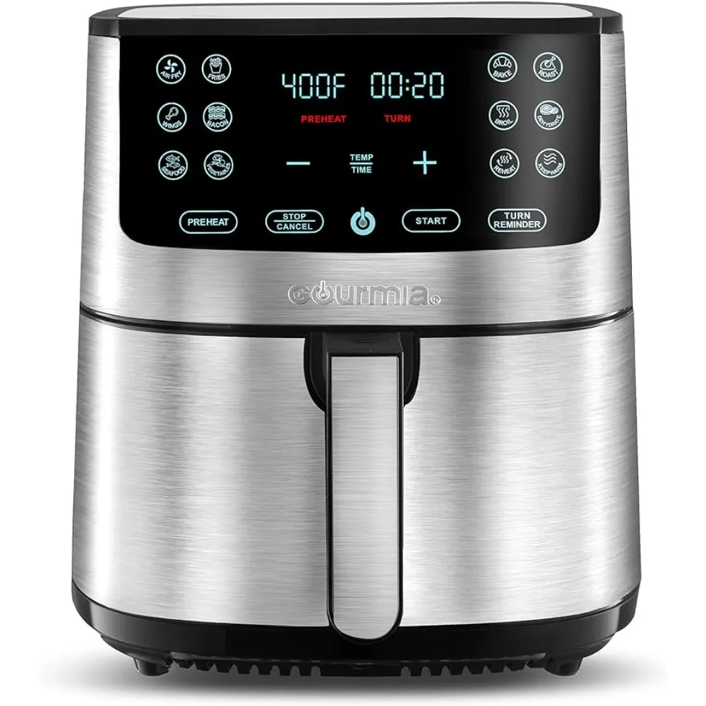 Gourmia-freidora de aire con pantalla Digital, horno de cocina grande de 8 cuartos, 12 preajustes de cocina táctiles, acero inoxidable, Plata