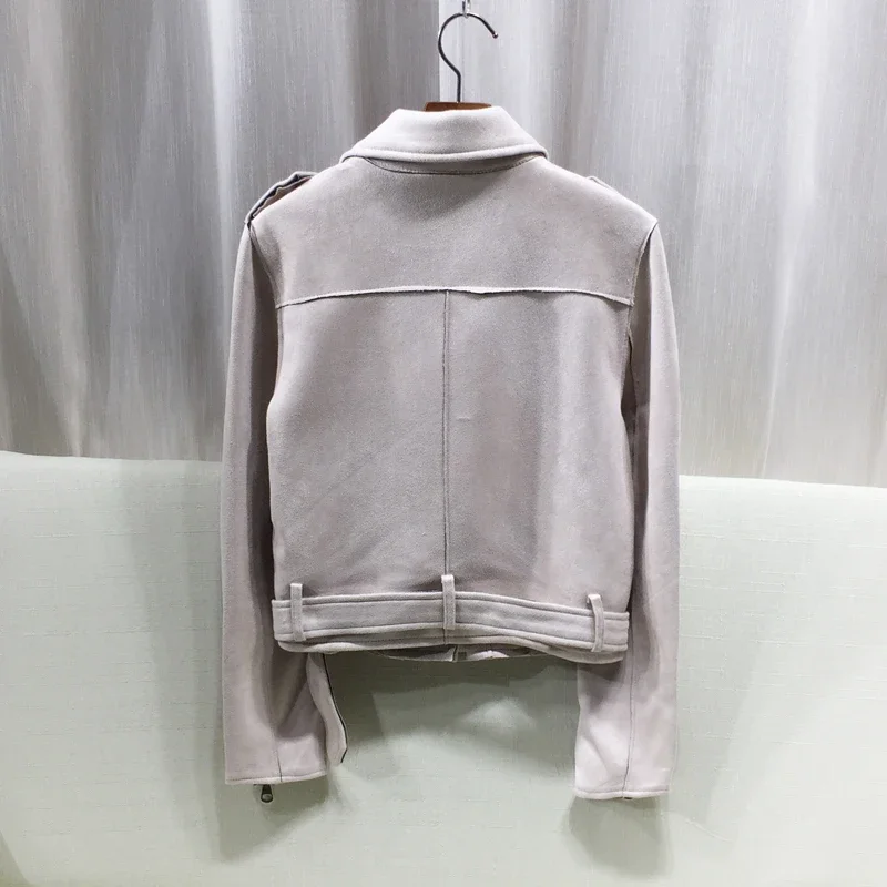 봄 가을 새로운 고품질 가짜 스웨이드 오토바이 거리 겉옷 벨트 여성 캐주얼 슬림 짧은 재킷 여성 캐주얼