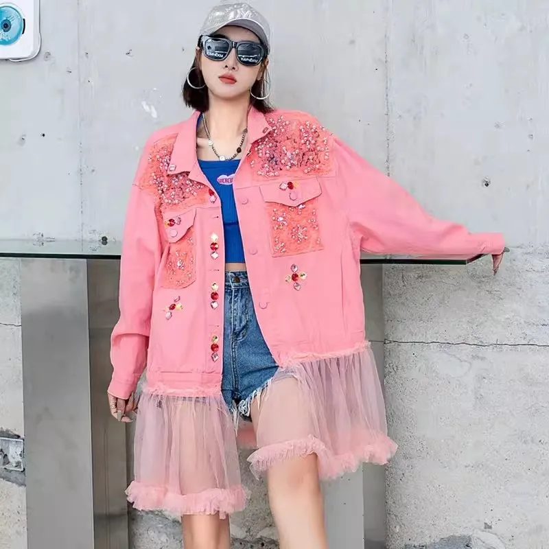 Beaded Sequins Diamonds Mesh Patchwork Pink Denim Jacket Spring Autumn Women Casual Lapel Long Sleeve Jeans Jacket Streetwear