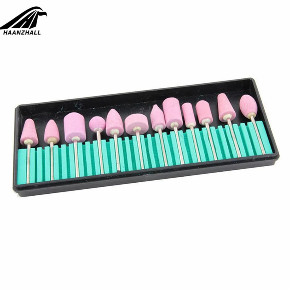 12pcs Mini Nail Drill Bit Set Quartz Abrasive Tools Electric Drill Bits Nail Art Equipment 2.35 3/32 Pink Grinding Head Tool Kit