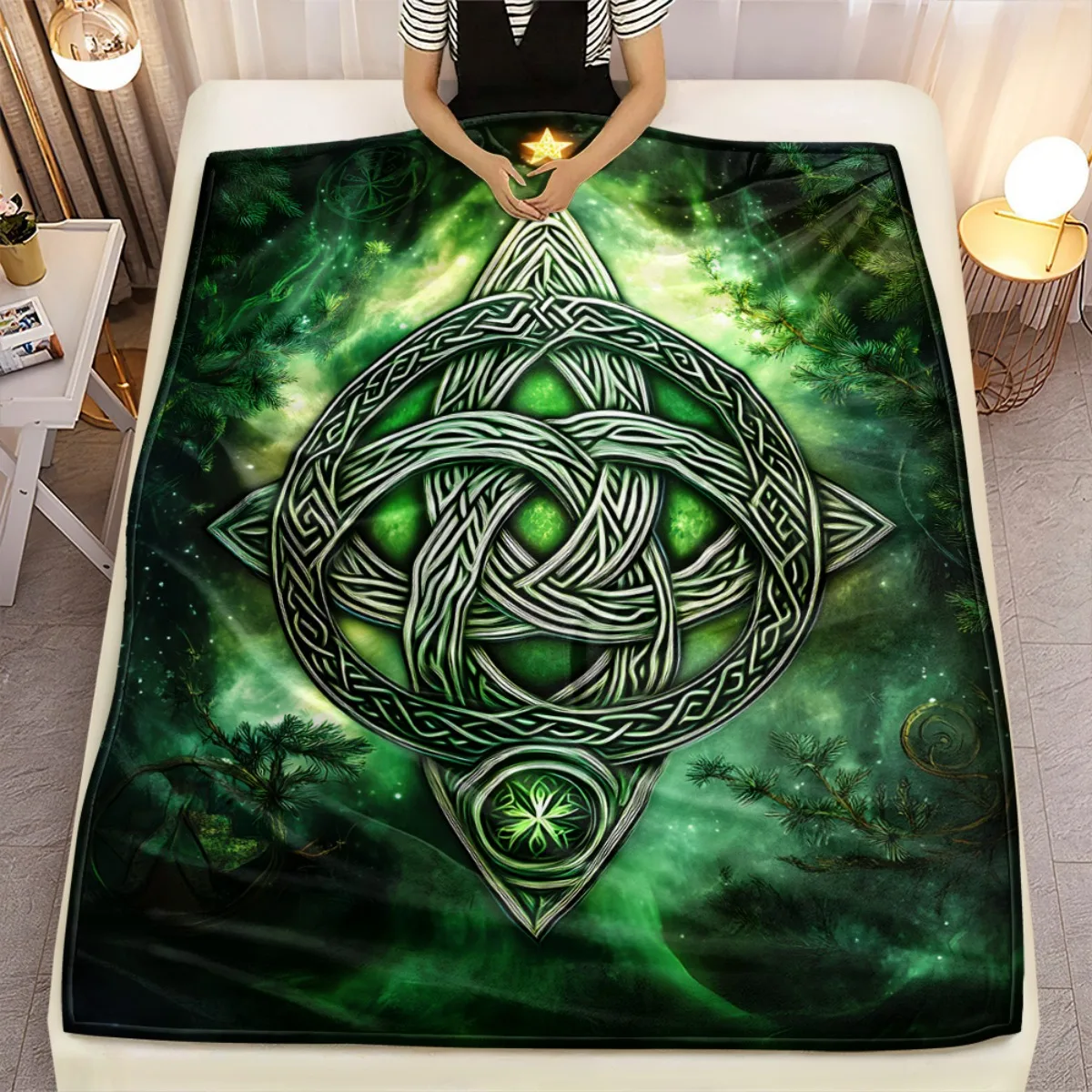 Green Celtic knot forest mystical symbol flannel blanket nature inspired blanket pagan decor spiritual energy throw blanket for