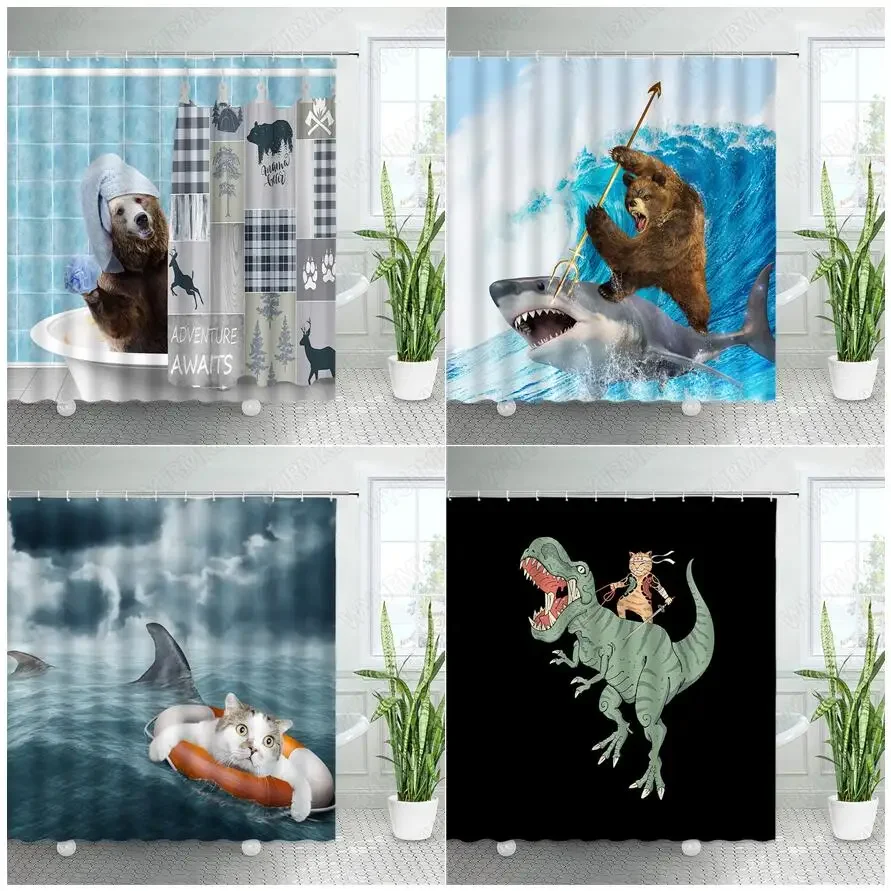 Creative Animals Shower Curtains Bathing Bear Sea Waves Sharks Cat Dinosaurs Funny Design Fabric Bathroom Decor Bath Curtain Set