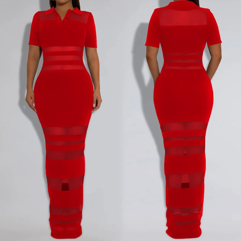 Vestido Polo transparente a rayas de malla para mujer, vestidos sexis ajustados con cuellos vuelto enjaulados para fiesta, Vestido de noche para discoteca