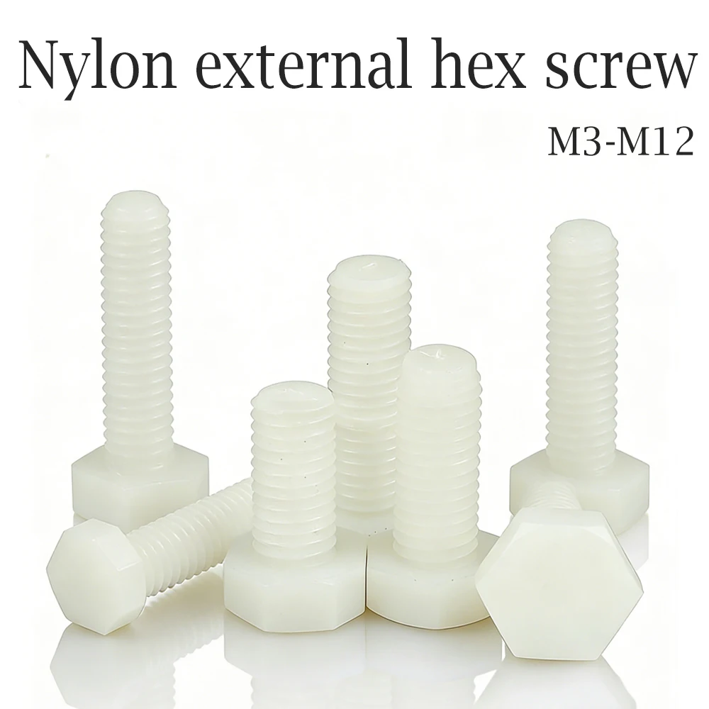 1-50pcs M3-M12 White Nylon Hex Bolts, Plastic Metric Threaded Screws 3-110mm Insulated Fasteners for Industrial & Home Use