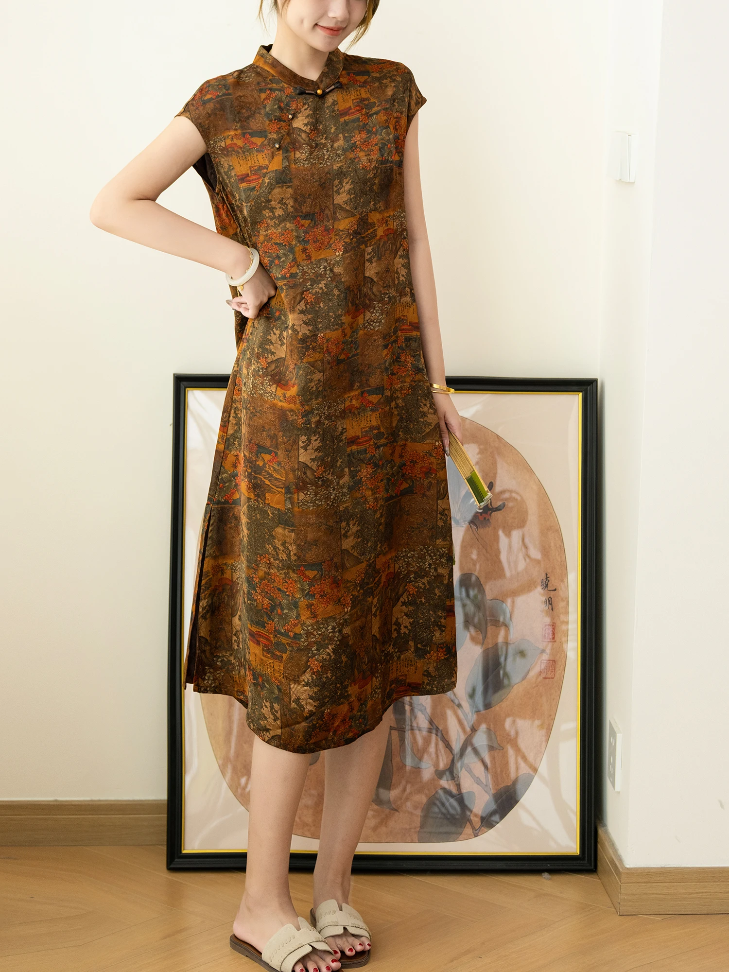 

ijing Mountain Sea Series Silk Brocade Dr Traditional Chinese Print ort Sve Women's Summer Dr